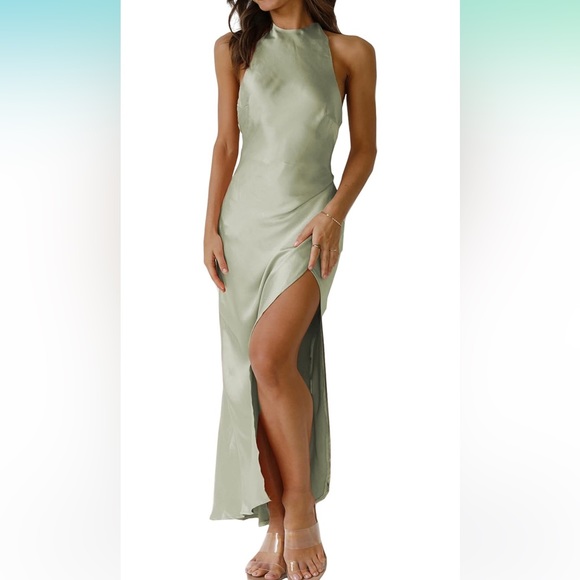 Amazon Dresses & Skirts - Backless Satin Silk Halter Open back Side Ruched Drape Satin Dress with Slit